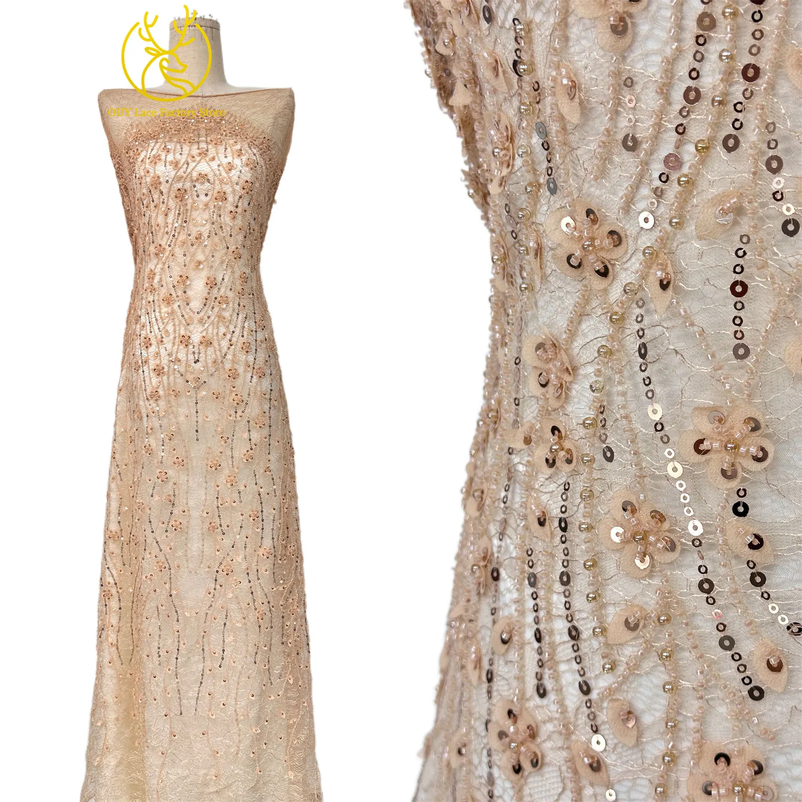 Olivgrüner afrikanischer Brautkleid-Spitzenstoff 2026, hochwertige nigerianische Pailletten-Stickerei-Spitze für Brautkleider und Partykleider zum Nähen – Detail 5