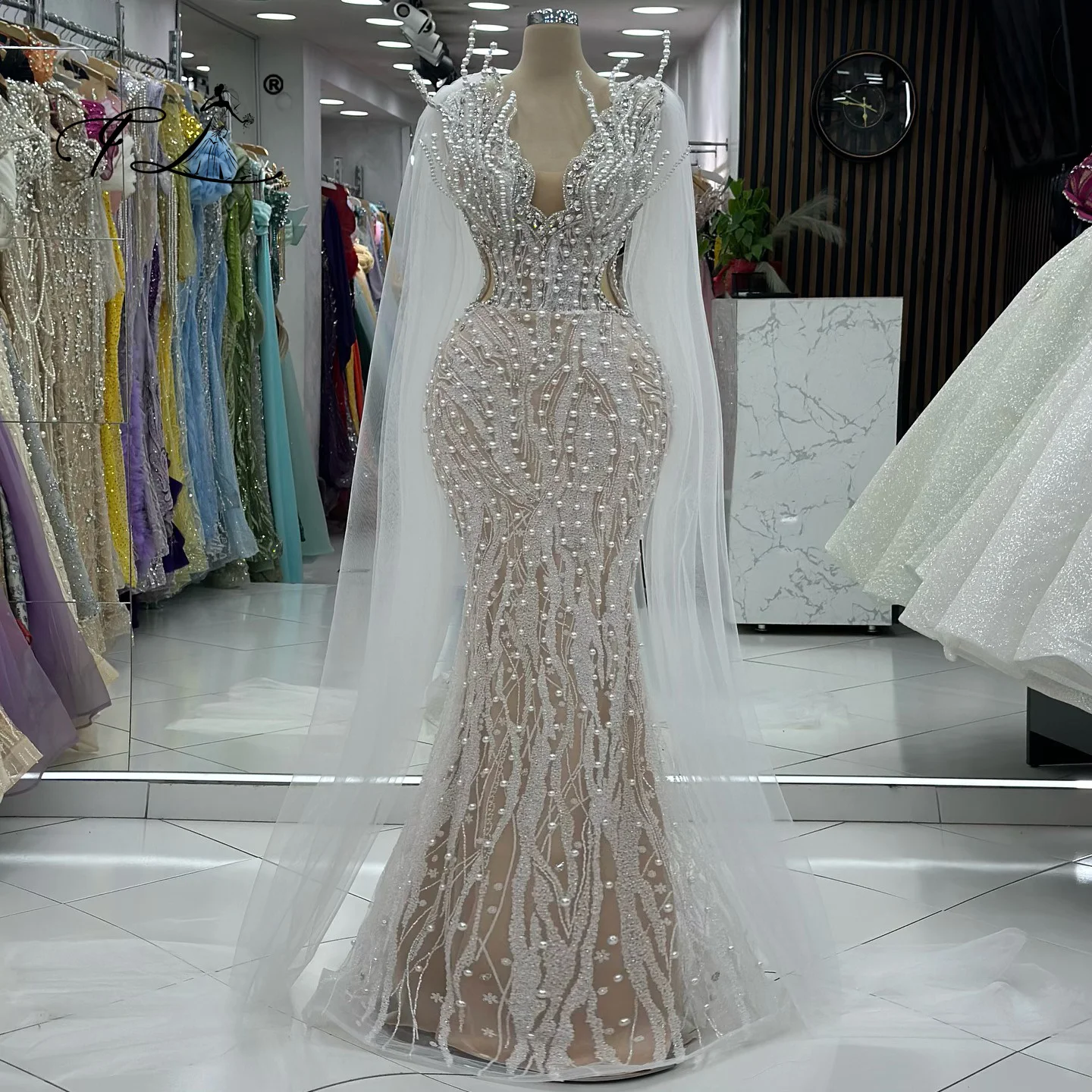 

White Mermaid Beaded Embroidery Pearls Capes Long V Neck Party Dress Prom Dress Evening Dress Bridesmaid Dress Customize