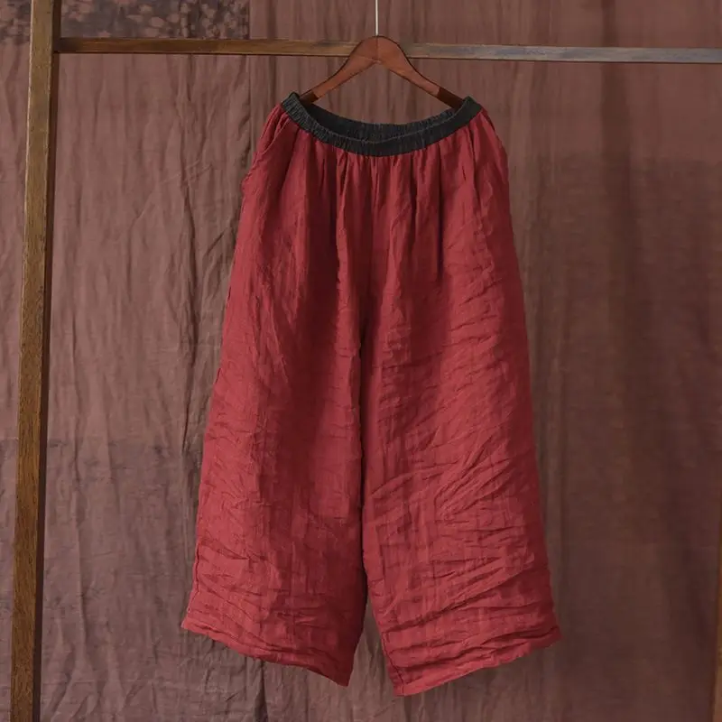 Wide-leg Pants Contrasting Elastic Waist Versatile Cotton and Linen Casual Pants Retro Loose Simple Nine-point Pants