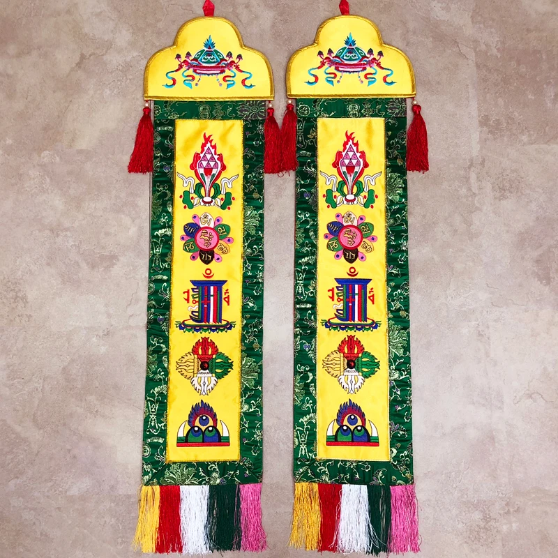 90cm Wholesale Buddhist supplies HOME Temple Embroidery Vajra Auspicious Symbols Wall hang Sutra banner Prayer flag FOPAN 2p