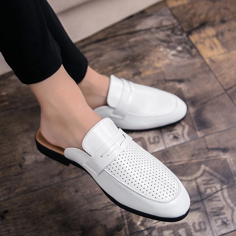 Half Shoes for Men Leather Mules Casual Shoes Men Fashion 2022 Men Slipper Mules Backless Loafers Black Flat Heel Party Slippers