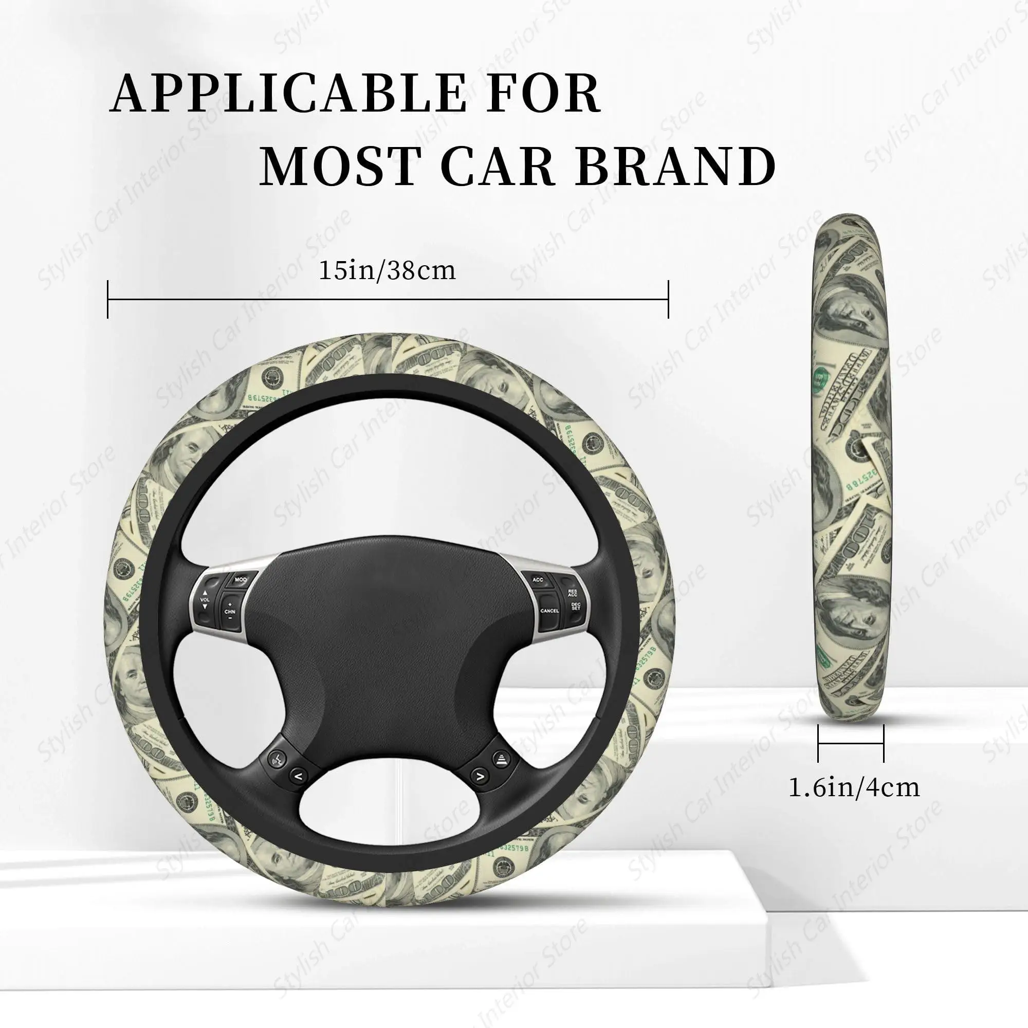 100 Dollar Money Car Steering Wheel Cover Universal 15 Inches Auto Accessories Steering Wheel Protector Anti-Slip Breathable