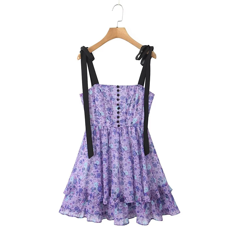 YENKYE Summer Dresses 2025 Women Bow Tie Shoulder Floral Print Dress Lace Up Back Hem Ruffle Chiffon Dress Holiday Beach Robe