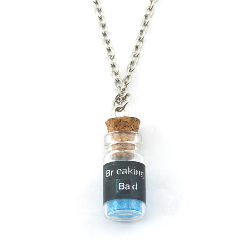 TV Breaking Bad Metal Pendant Necklace Inspired Crystal Sky Blue Vial Cork Bottle Necklace for Woman Men Keyring Jewelry