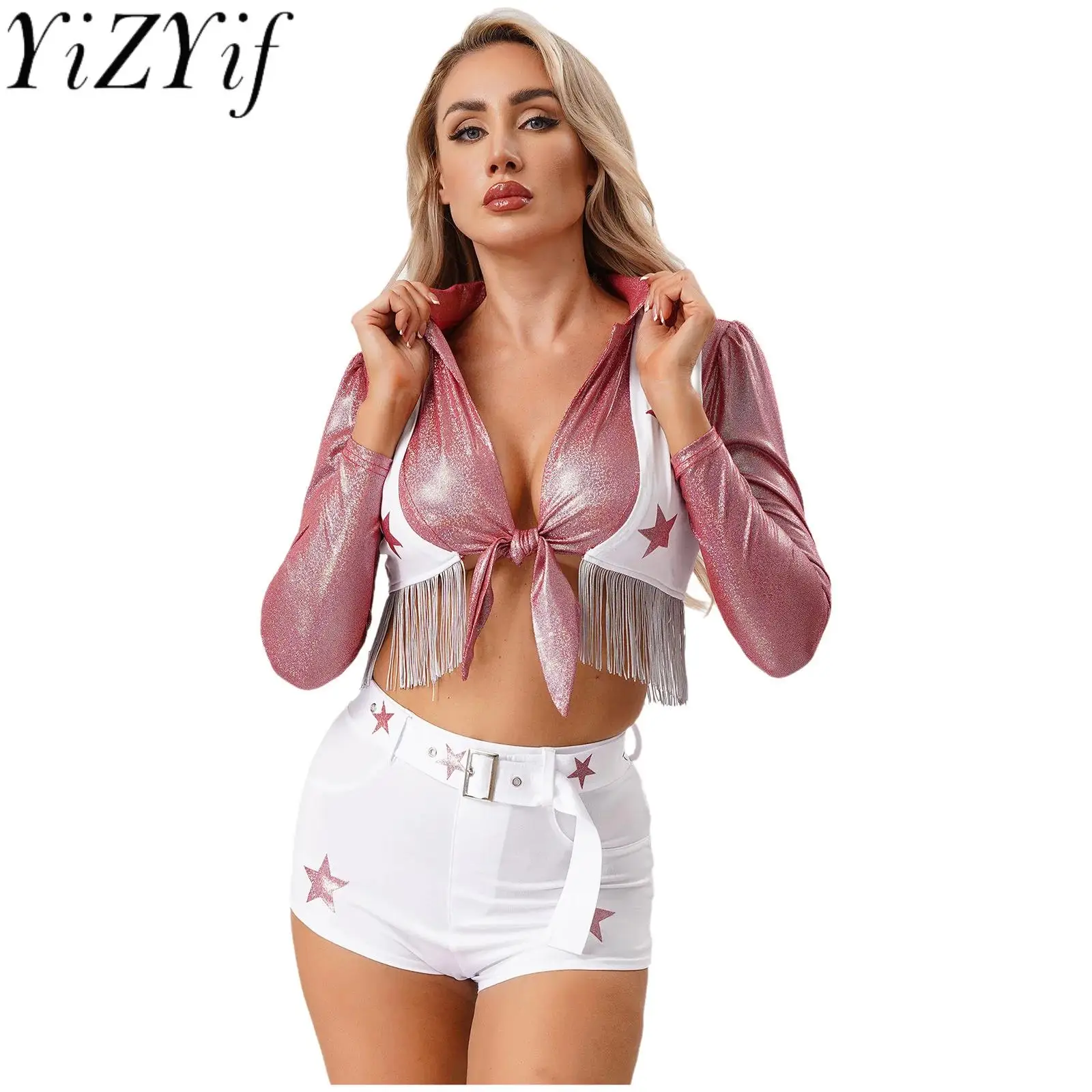 

Women Football Match Cheer Leading Dance Performance Soccer Game Dance Crop Tops And Hot Short with Belt for Cheering Dancewear