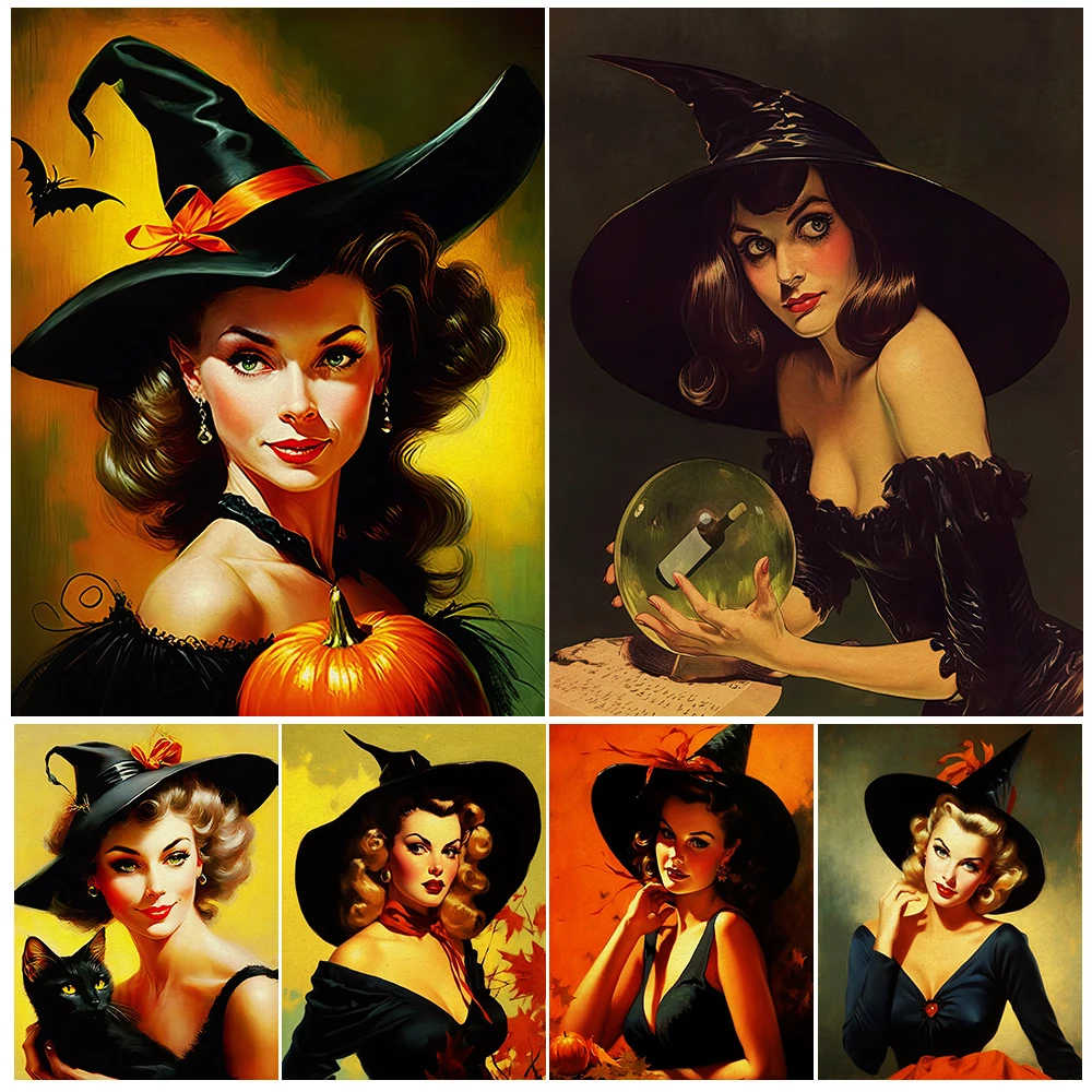 

Vintage 50'S Witch Poster Art Print Spooky Season Pointed Hat Witch Gothic Retro Wall Art Canvas Print Pagan Wicca Canvas Print