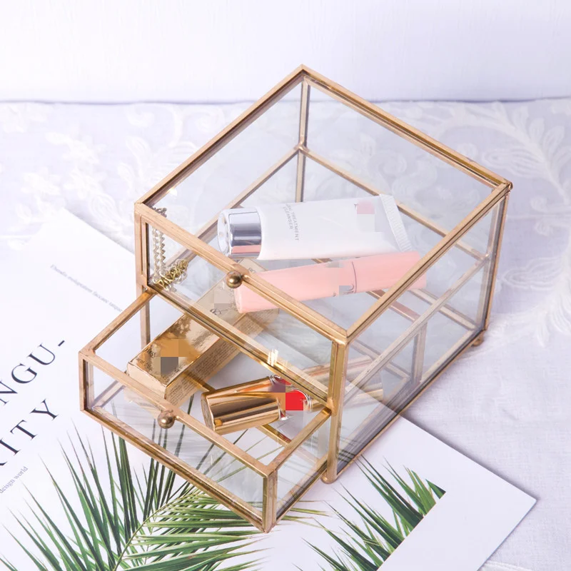 Double Glass Jewelry Box Drawer Storage Display es s Organizer Tray Cosmetic Deskt Decorative