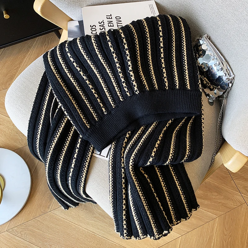Women Wide Leg Knitted Pants Trousers 2025 Autumn High Waisted Straight Full-length Vintage Fashion Elegant Ladies Pants