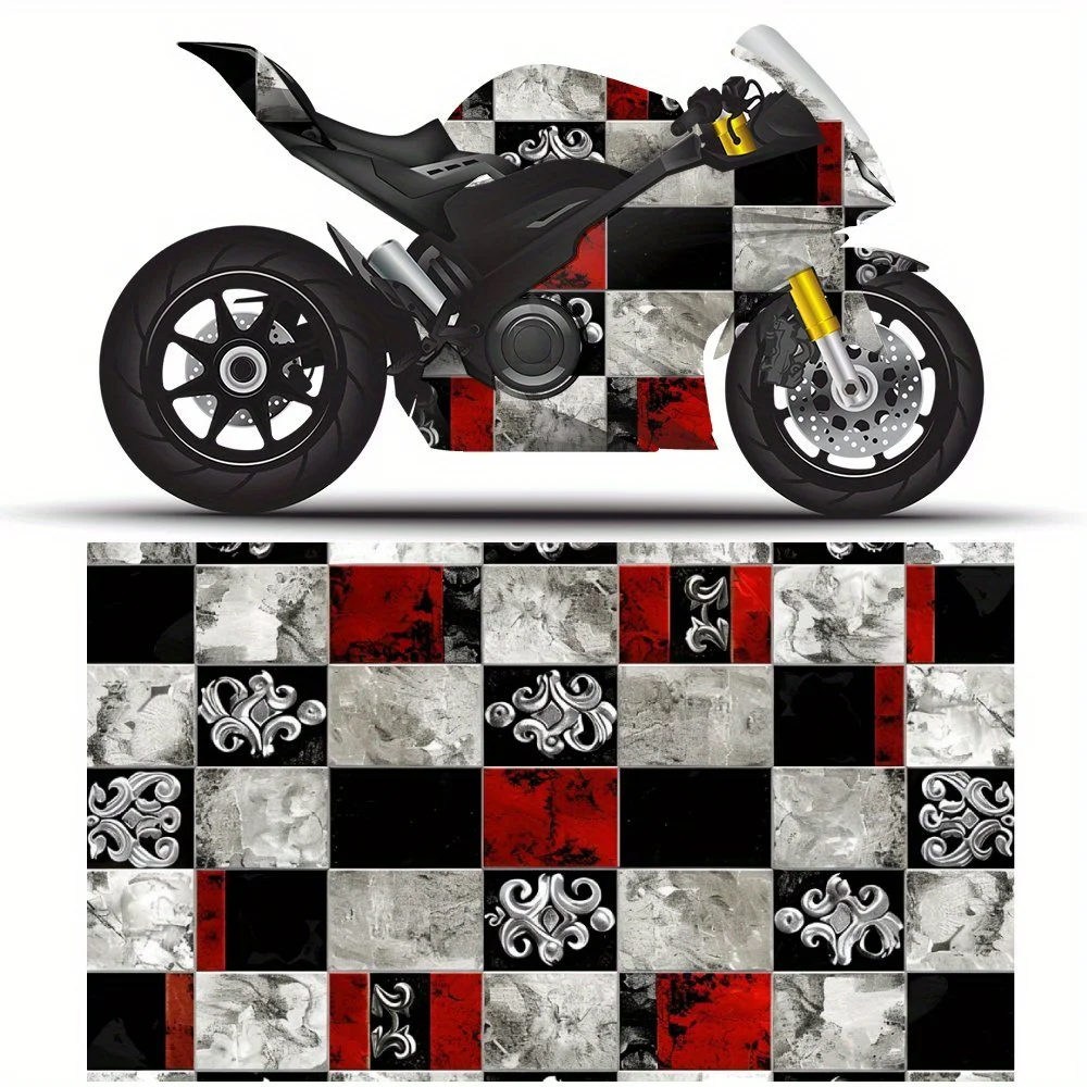 

Opulent Baroque Checker PVC Motorcycle Vinyl Wrap, Self-Adhesive Waterproof Sticker, Anti-Scratch Decorative Film for Bike Body,