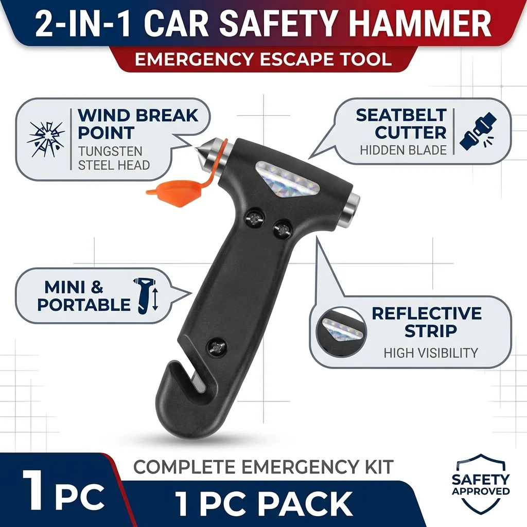 Car Safety Hammer Two In One Glass Window Breaker Seatbelt Cutter Emergency Rescue Escape Tool For Vehicle Auto Self Rescue 1 Pc