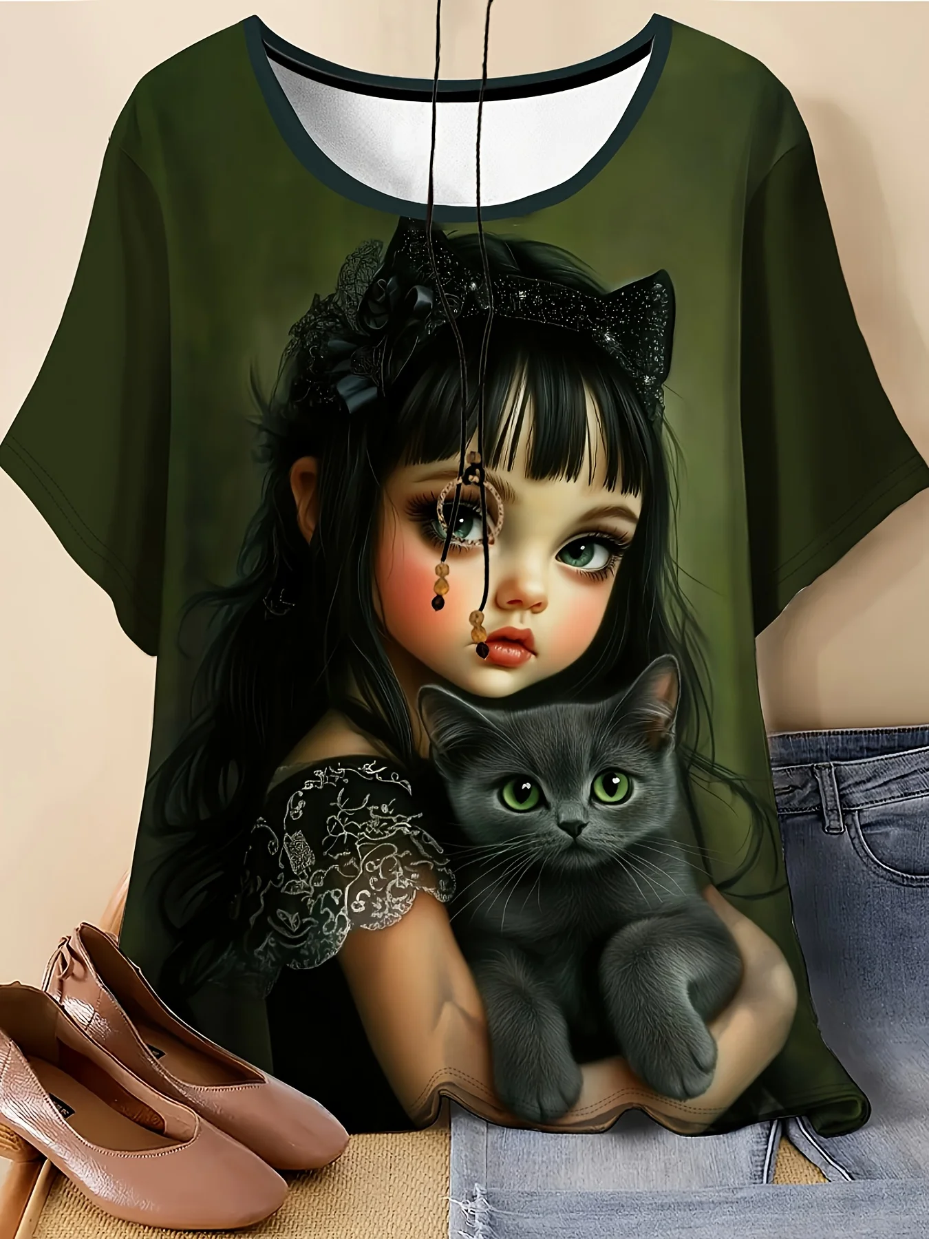 Women Crew Neck Short Sleeve T‑Shirt, Gothic Art Girl Holding Black Cat Dark Green Background Graphic Casual Tee