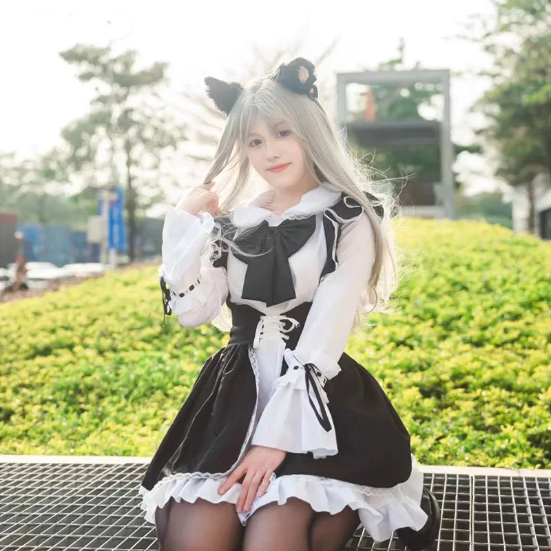 Unisex Long-sleeved Black and White Fashion Kawaii Dress Stage Bar Party Maid Costume Cosplay Bunny Uniform Lacy Lolita Suit