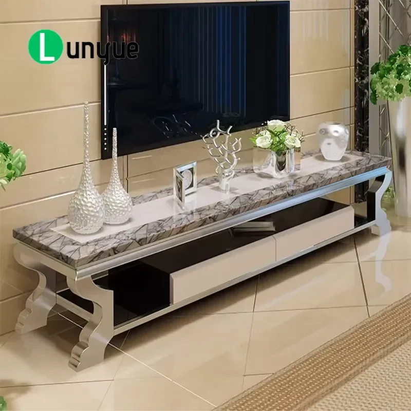 Modern TV Stand with Drawers Silver Stainless Steel White Black Marble TV Cabinet Living Room Furniture Storage Console Table