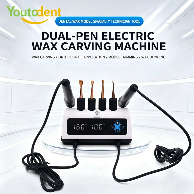 Dental Electric Wax Carver Set 100-200°C Adjustable Temp Dual Pen Digital Waxer with 6 Tips for Dental Lab Wax Modeling