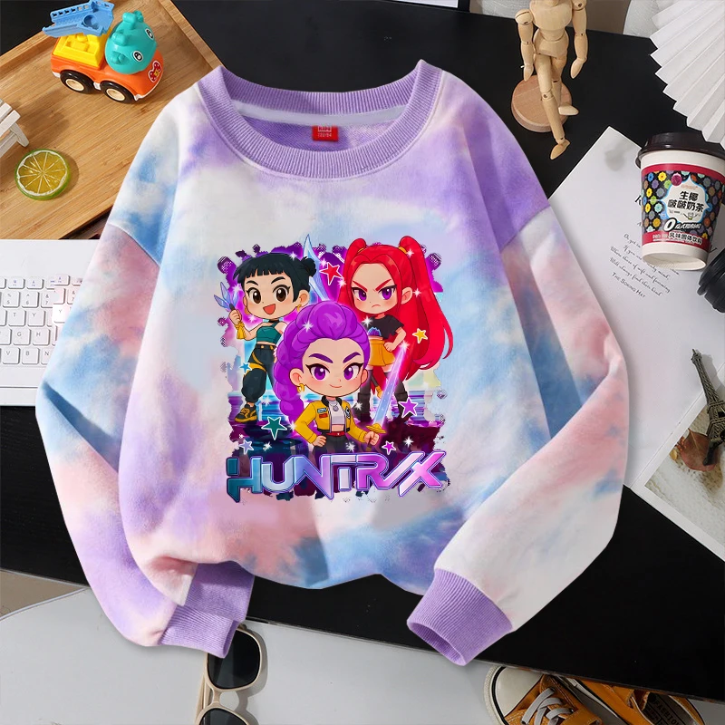Move K-Pop Demon Hunters Tie Dye Pola Kaus Musim Panas Lengan Panjang Pullover Lucu Kartun Leher Bulat Hadiah Atasan Ulang Tahun Anak-anak