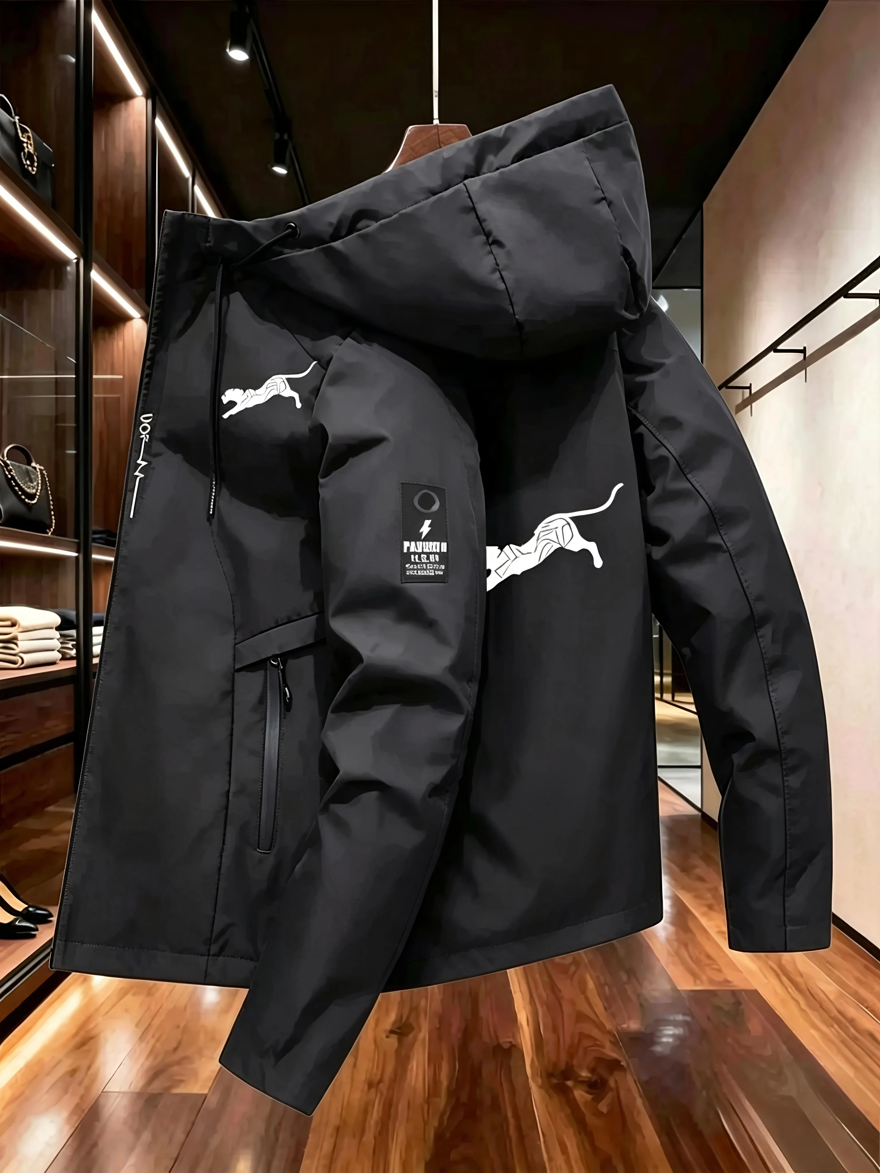 Men Autumn Zip Hooded Windbreaker Jacket Casual Fashion Outerwear Windproof Coat for Outdoor Camping Hiking Daily Wear varsity