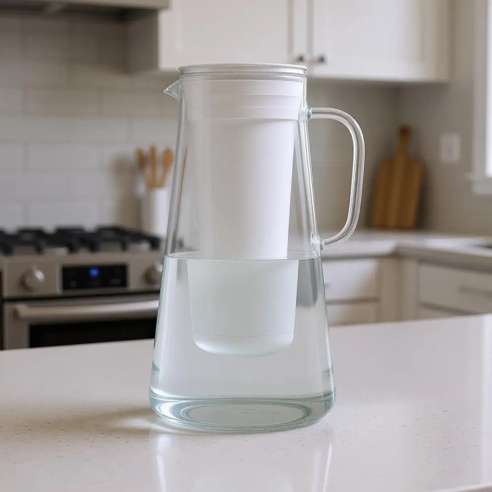 

Кувшин для воды из белого стекла на 7 чашек с силиконовым основанием для ежедневной защиты от бактерий, паразитов, микропластиков, свинца, ртути