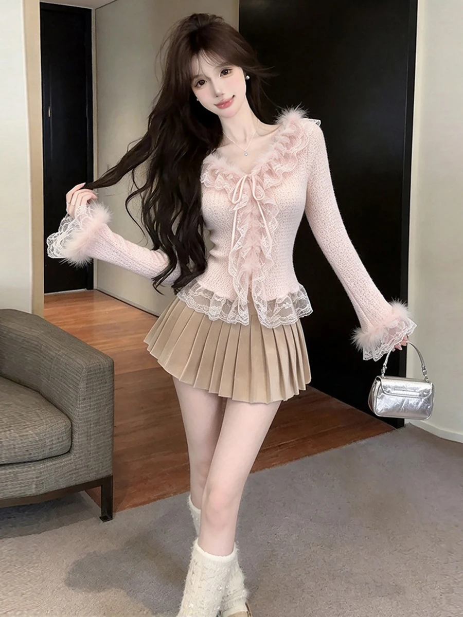 Korean Style Pure Desire Plush Lace Wood Grain  Splicing V-neck Long Sleeve T-shirt Design Sweet Beautiful Personality Top