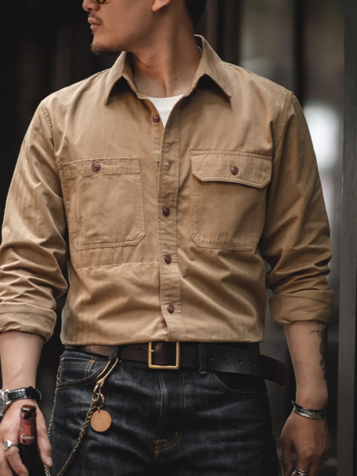 

Мужские брюки American Retro Pure Color Work irt Long Sve Cheered Pattern Engineer Sle весна-осень Ameika i Loose Fit