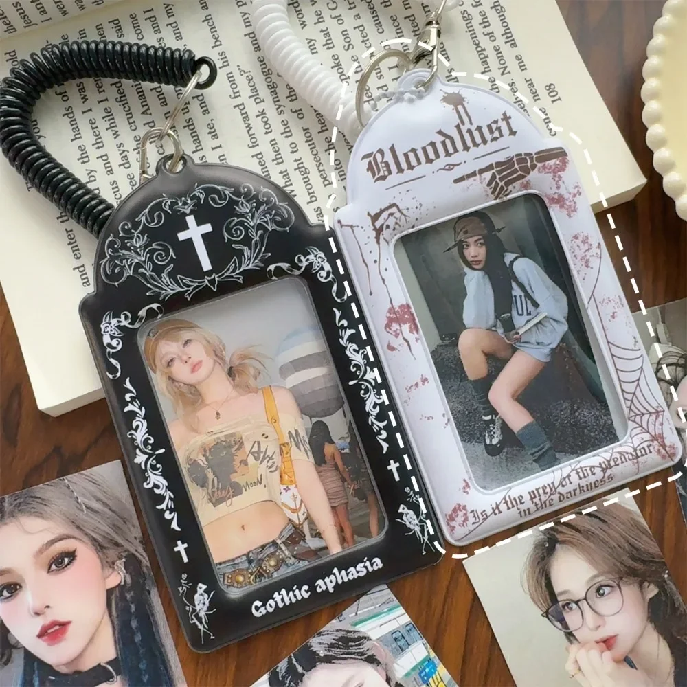 Gothic Dark Series PVC Card Sleeve with Spring Rope 3 Inches Kpop Idol Love Bean Star Small Card Storage Pendant Cards Holder