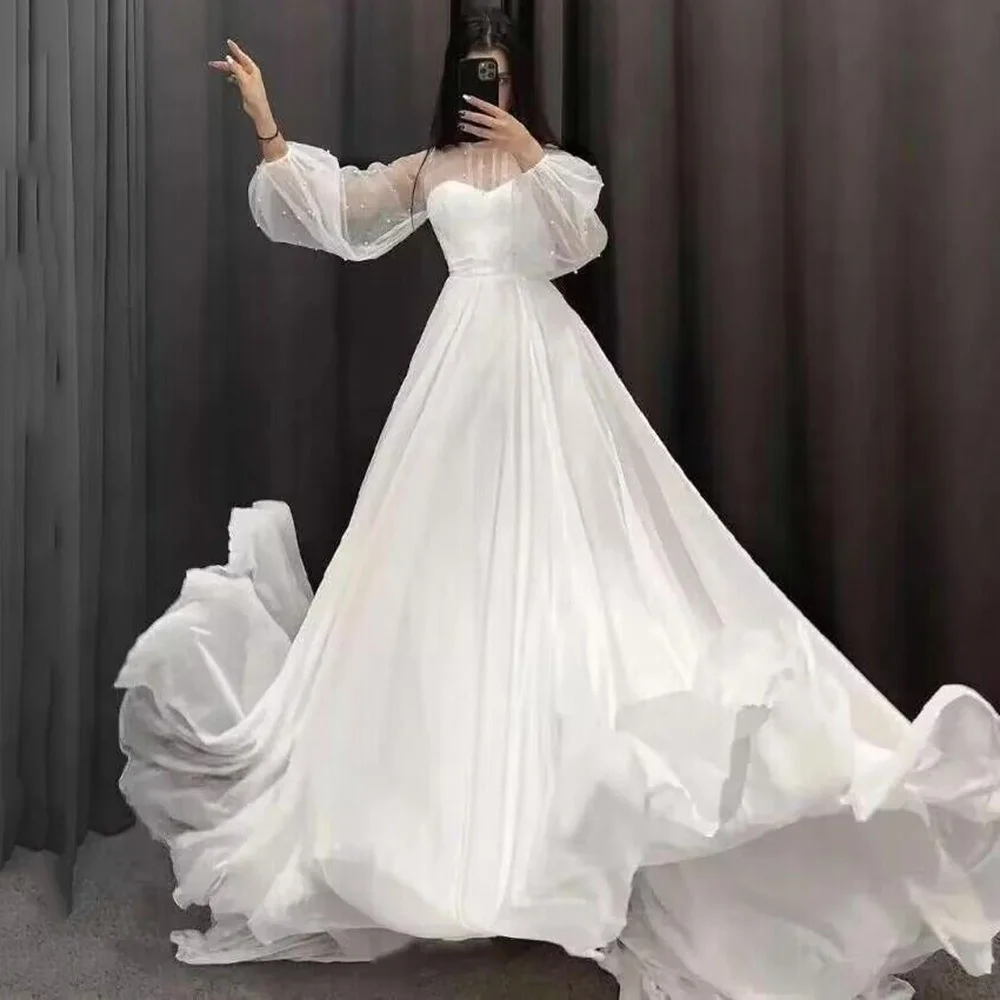 Vintage Wedding Dresses Long Puff Sleeve Bridal Dress 2024 Pearls Chiffon Boho Wedding Gowns High Neck Vestidos de Noivas