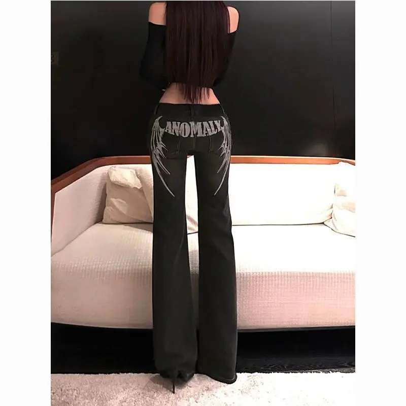 

American Vintage Black Embroidered Print Jeans for Women Summer Y2K Hot Girl Low Waist Slim Fit Straight Flared Denim Pants