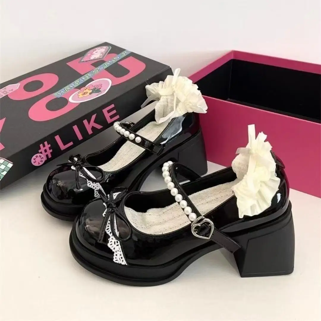 Women's Fashion Matching Small Skirt High-heeled Mary Jane Shoes Spring and Summer New Bow Decorated Shallow Mouth Low-top Shoes