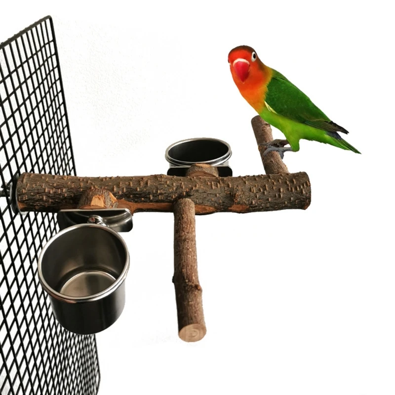 

Bird Perch Stand with 2pcs Stainless Steel Feeder Cups Standing Bar Parrot Stable Scrub Station Cage Accessories