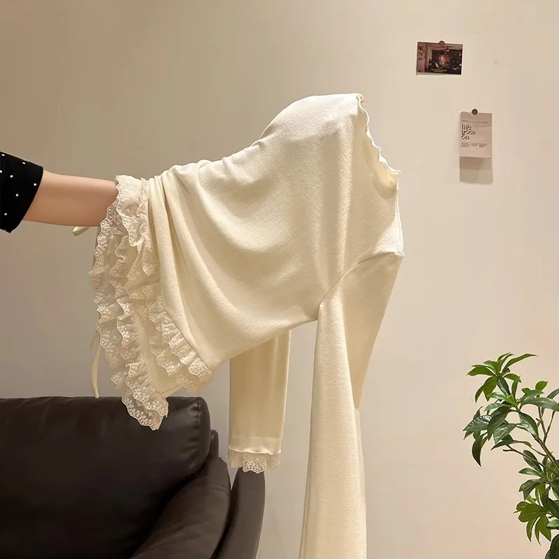 تي شيرت Sweet Girl مزاجه دانتيل أذن خشبية نصف رقبة لون نقي وأكمام طويلة في الخريف والشتاء مع ياقة واقفة