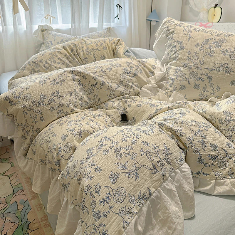 Floral print Korean style Princess Lace Bedding Set Duvet Cover Set Washed Cotton Flat Sheet set Queen For Girl Decor Home