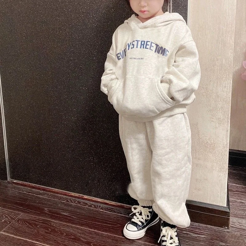 Korean  winter suit for boys and girls new set letters hooded fleece sweater casual two-piece pants  baby girl clothes