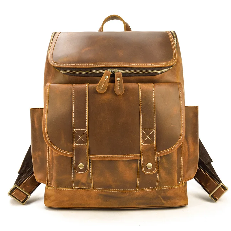 Large Capacity Crazy Horse Leather Backpack Genuine Leather Top Layer Cowhide Men's Student School Bag Commuter Laptop Bag