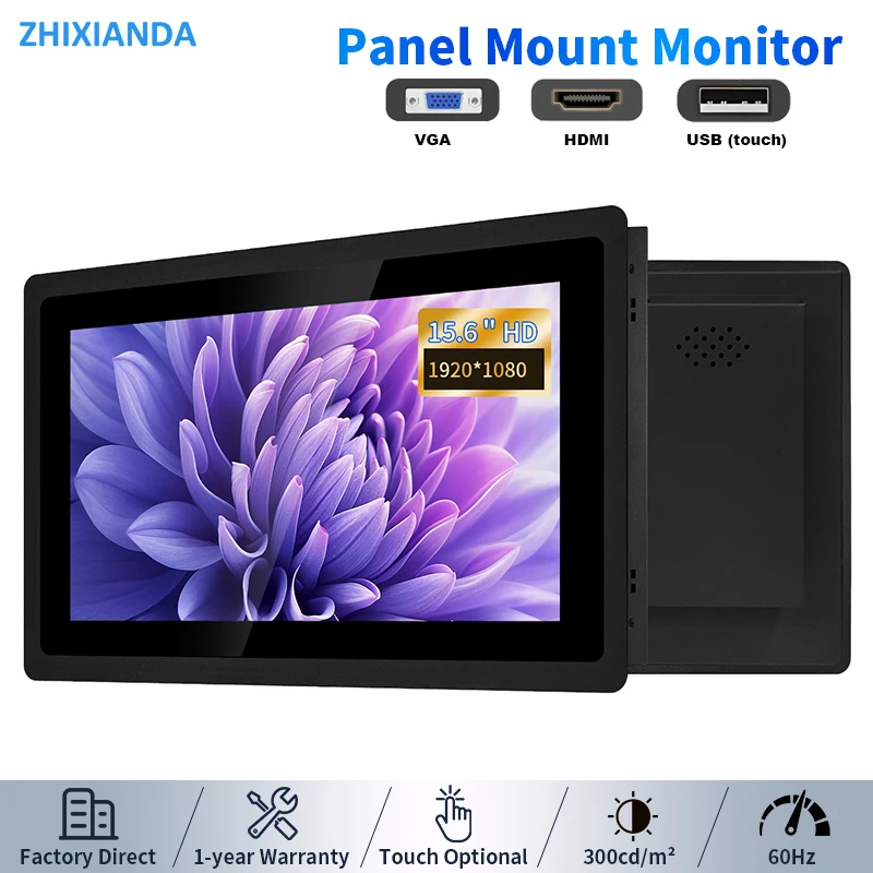 Zhixianda 15.6 Inch Embedded Monitor 1920*1080 Capcaitive Touch Screen Widescreen Panel Mount Industrial Display With HDMI VGA