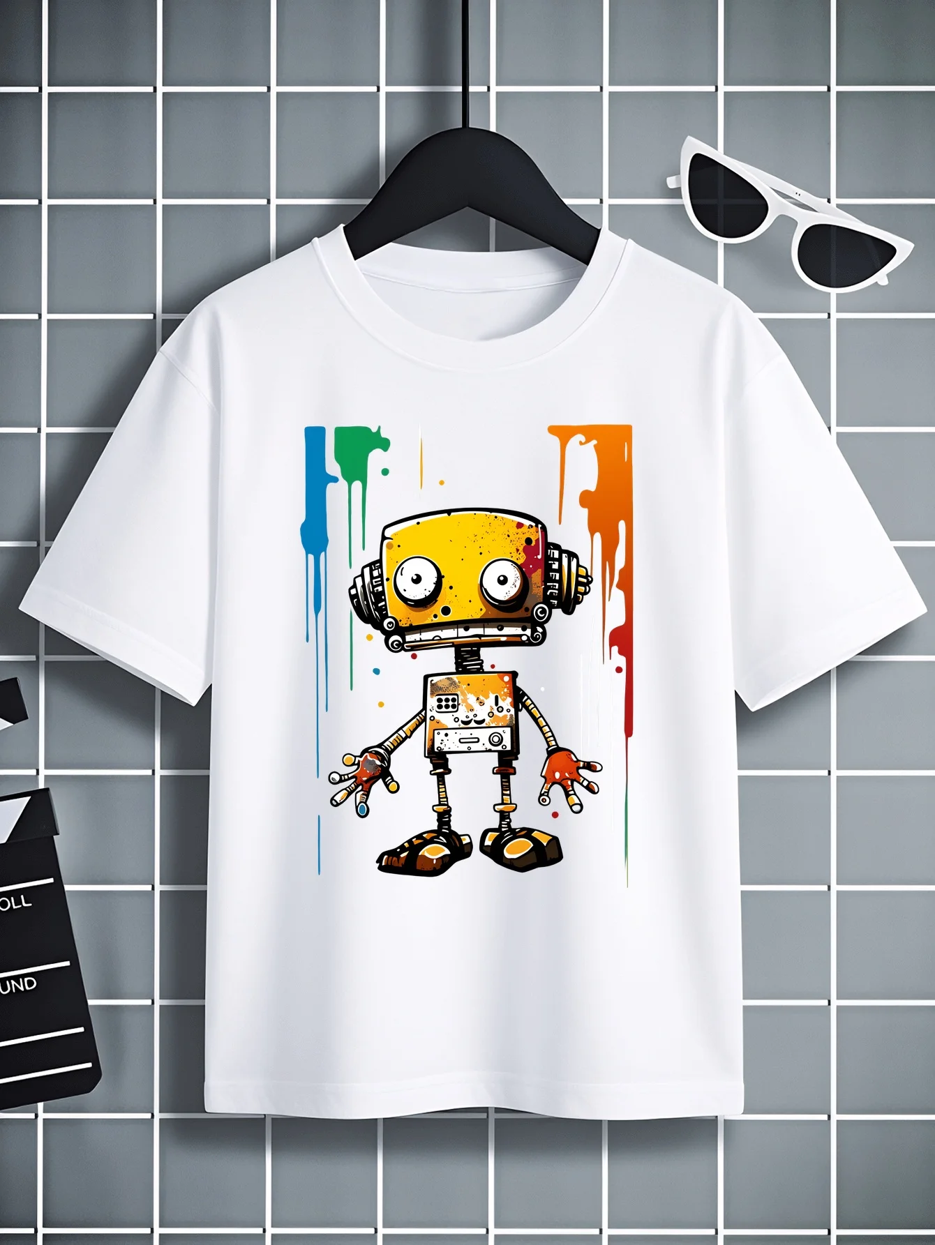 Children's T-shirt Color Robot Ink Drop Printing Design Fun Summer Design Fashionable and Comfortable Parent-child Casual Wear