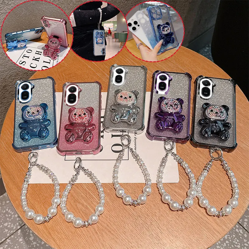 Cute Bear Cartoon Holder Pearl Lanyard Strap Shockproof Glitter Phone Case For Xiaomi Redmi A7 Pro 4G Poco C85X C81 Back Cover