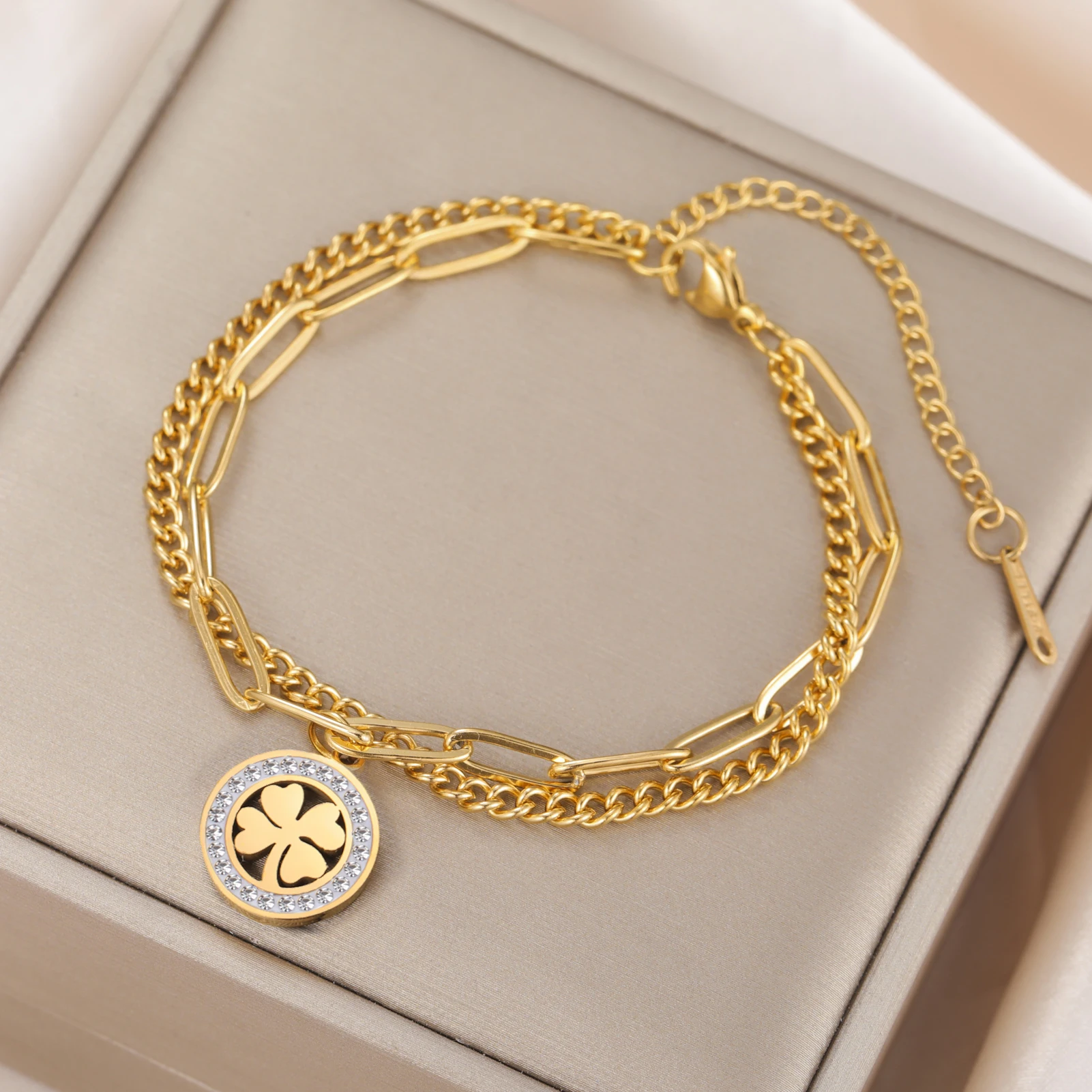 COOLTIME Edelstahl Runde Klee Armbänder Frauen Mode Klassische Zirkon Kristall Armband für Frauen Schmuck Geburtstag Geschenke – Detail 7