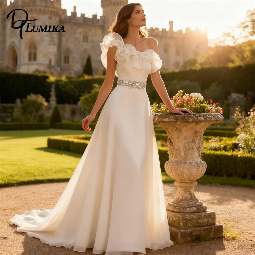Ruched One Shoulder Wedding Dress for Bride 2026 Organza A Line Long Bride Dresses Rhinestones Waist Customized Bridal Gown