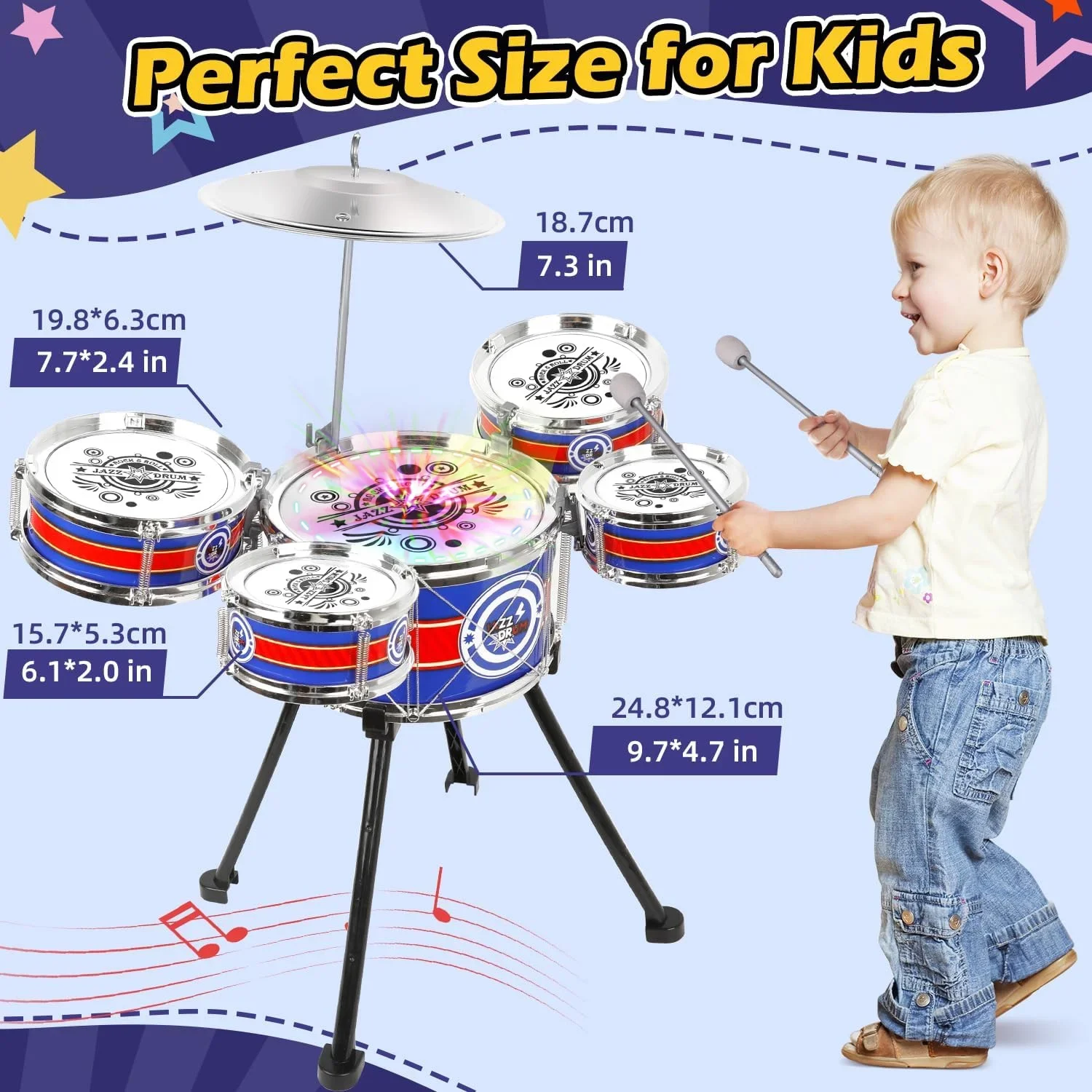 Unisex 3-5 Years Toy Musical Instruments with Stool Drum Sticks, Metal Plastic Blue