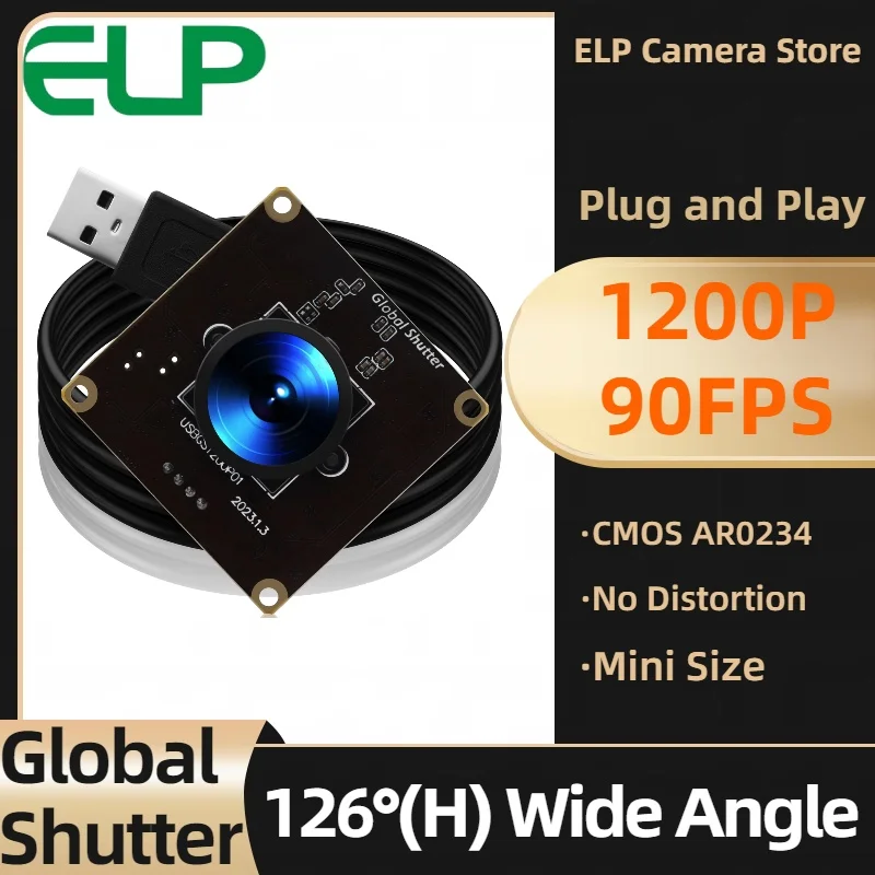 ELP Global Shutter USB Camera Module 1200P 90FPS AR0234 CMOS Sensor,126° Wide Angle Plug & Play for Industrial Machine Vision