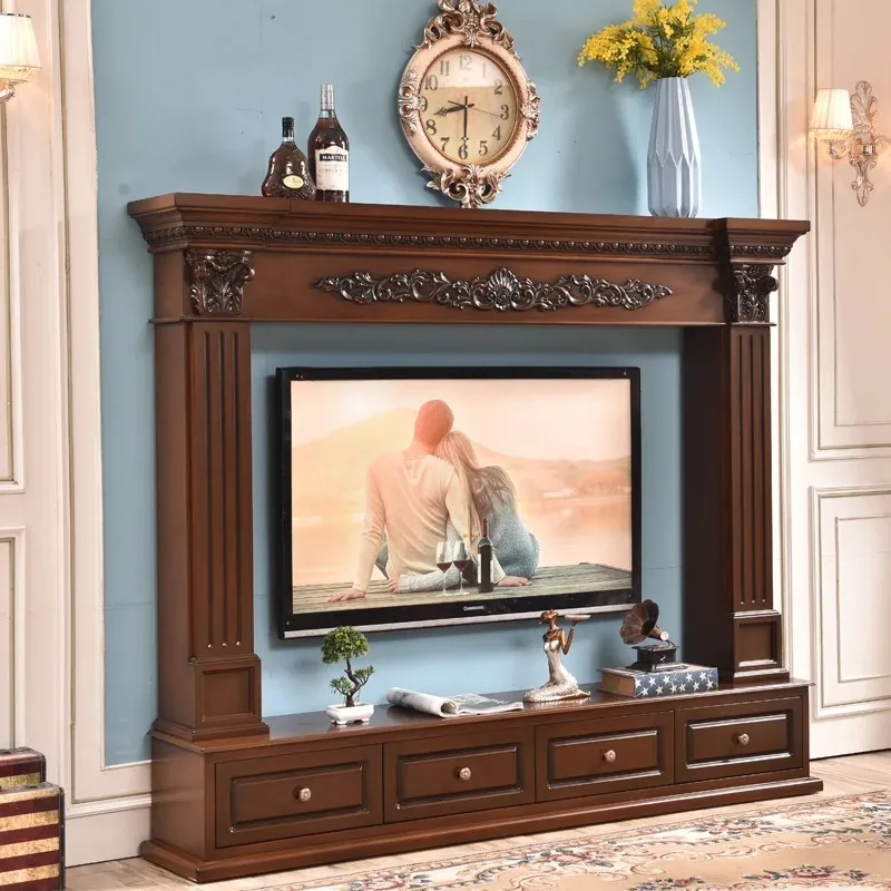 خزانة مدفأة خشبية من الريف الأوروبي بطول 2 متر حامل تلفاز أبيض منحوت زخارف زخرفية فاخرة وحديثة لغرفة المعيشة المنزلية