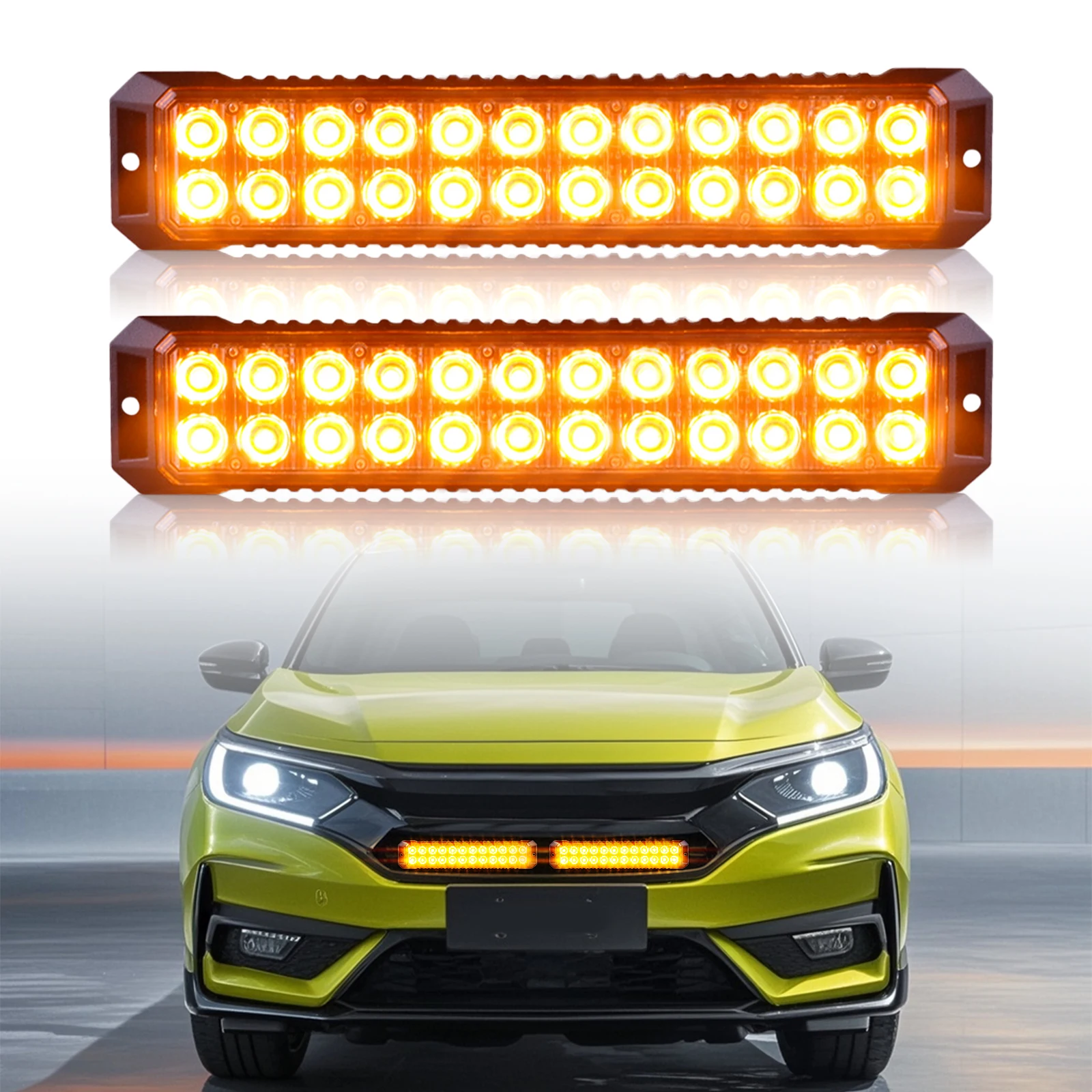 

2 шт. 24-диодные стробоскопические сигнальные фонари для решетки радиатора, мигающая световая панель, автомобильный маяк, янтарно-белый, водонепроницаемый, светофор, 12-24В