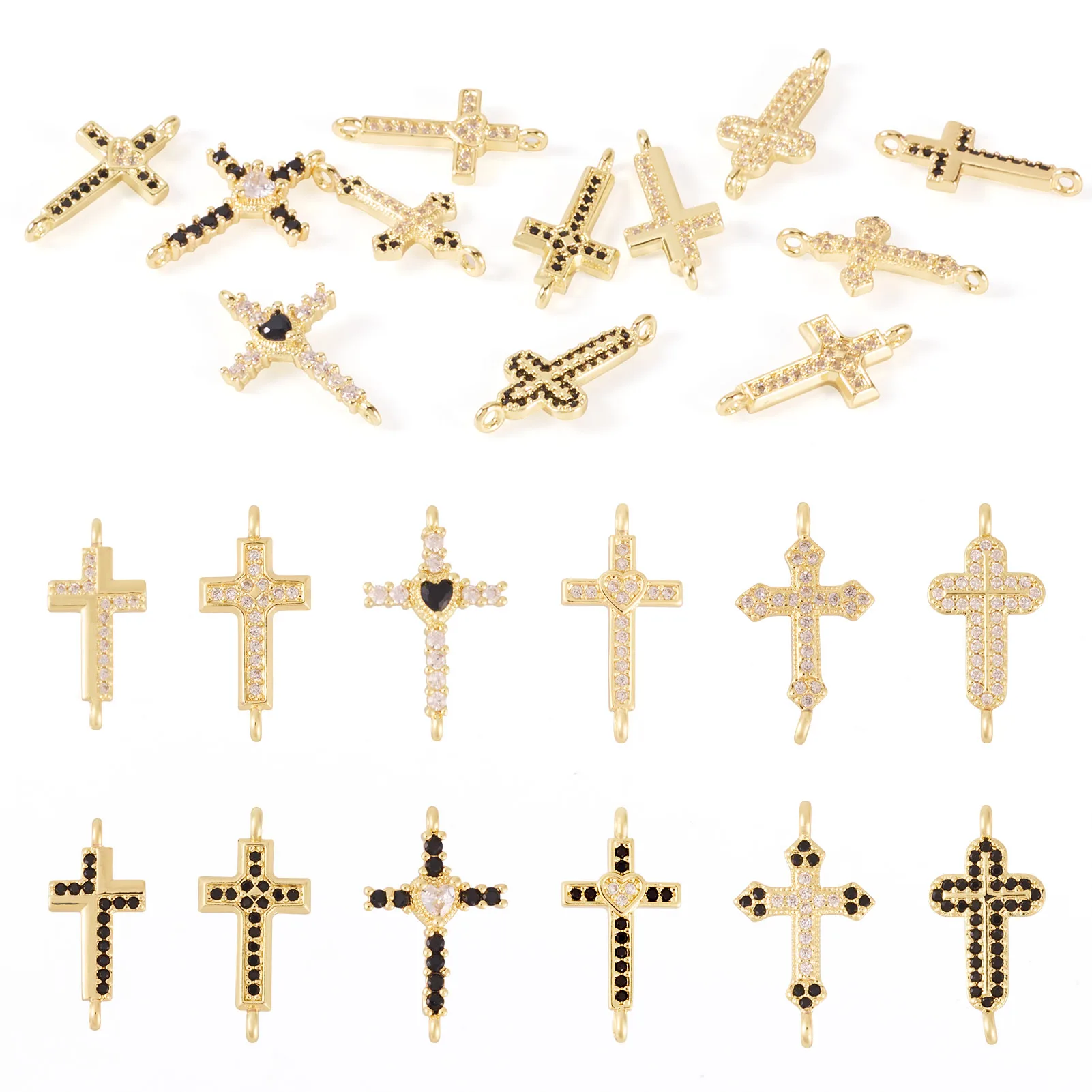 

12Pcs Brass Pave Clear & Black Cubic Zirconia Connector Charms Religion Cross Links Gold Plated for DIY Necklace Earring Jewelry