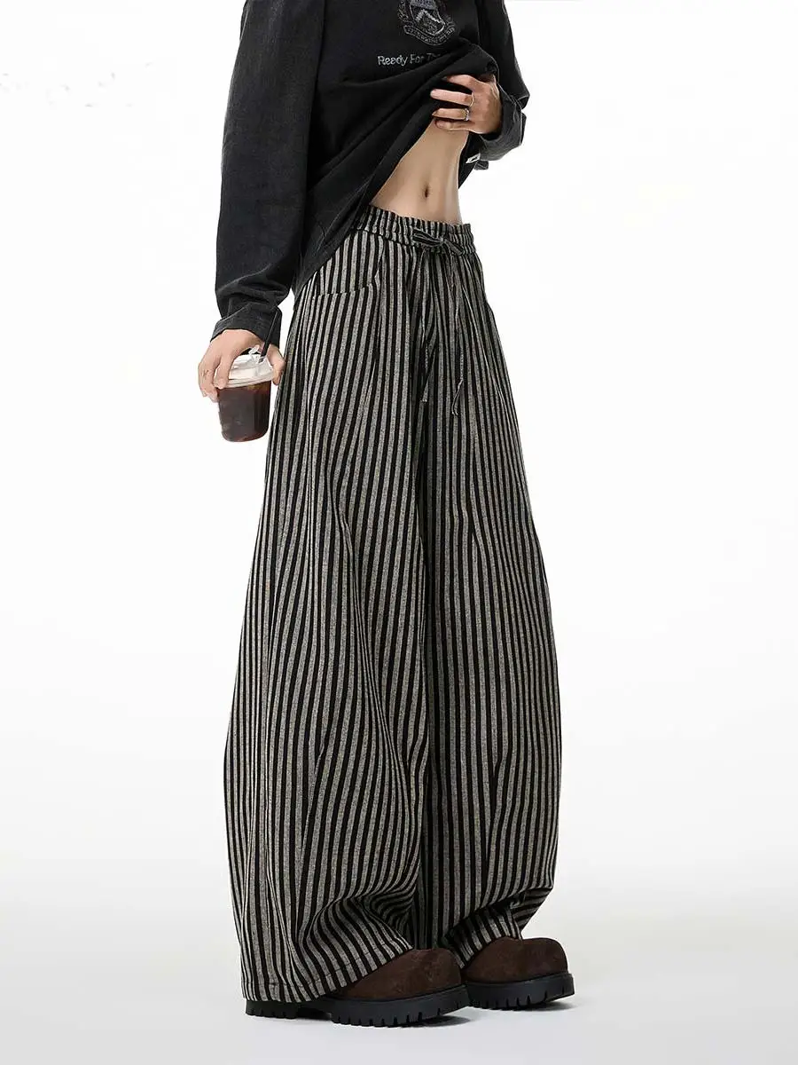 

American Casual Striped Straight Leg Pants Men Women Spring Lazy Sle Drapey Wide Leg Floor-Length Trousers