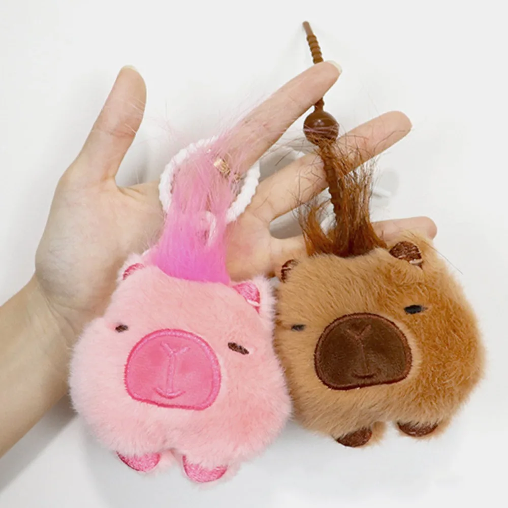 Cabelo longo espremer capivara pingente de pelúcia com chaveiro de cachorro rangido capivara boneca chaveiro macio espremer capivara chaveiro unisex