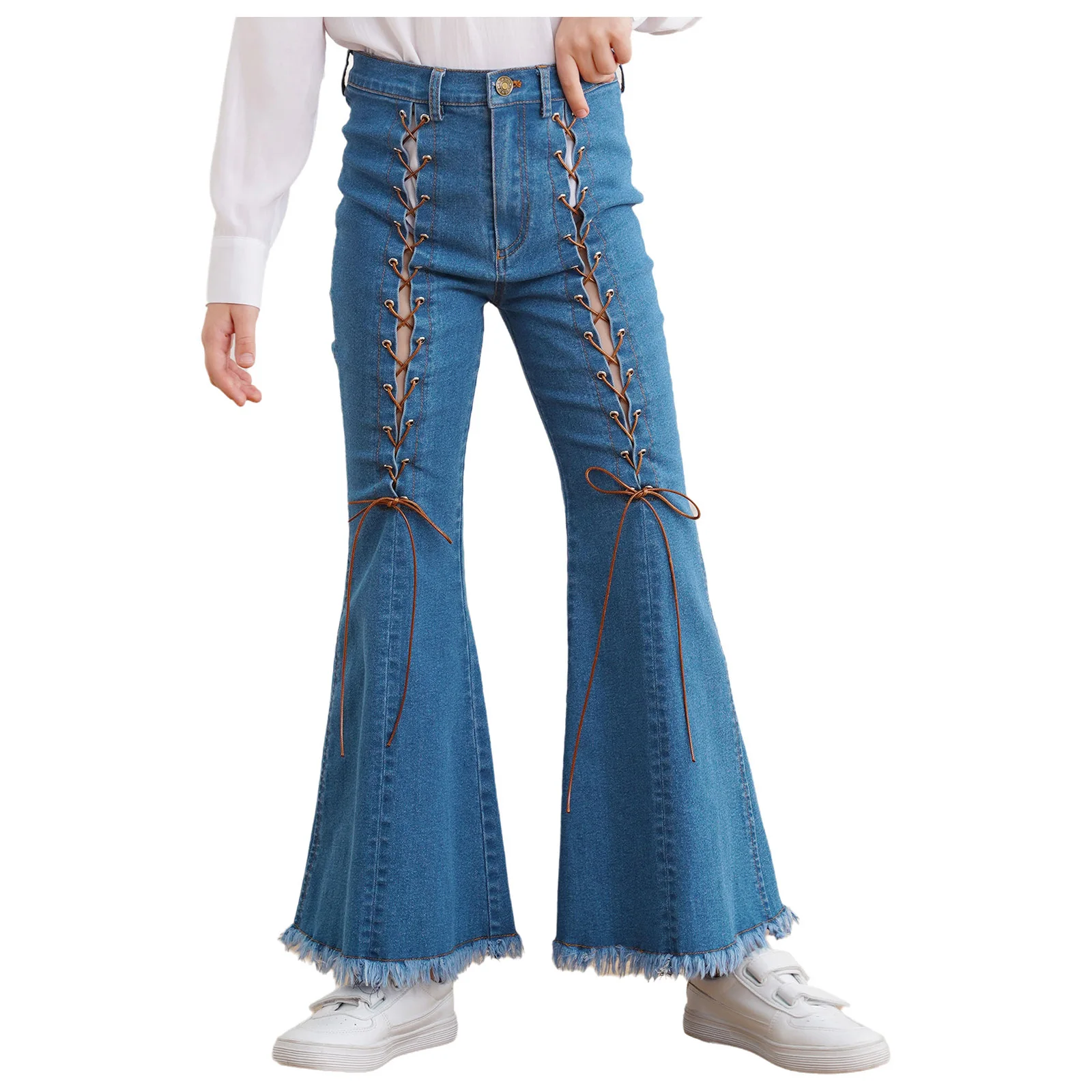 

New Fashion Teenage Girls Jeans Pants Split Front Lace-up Denim Flared Jeans Children's Mid Waist Raw Hem Bell-Bottom Trousers