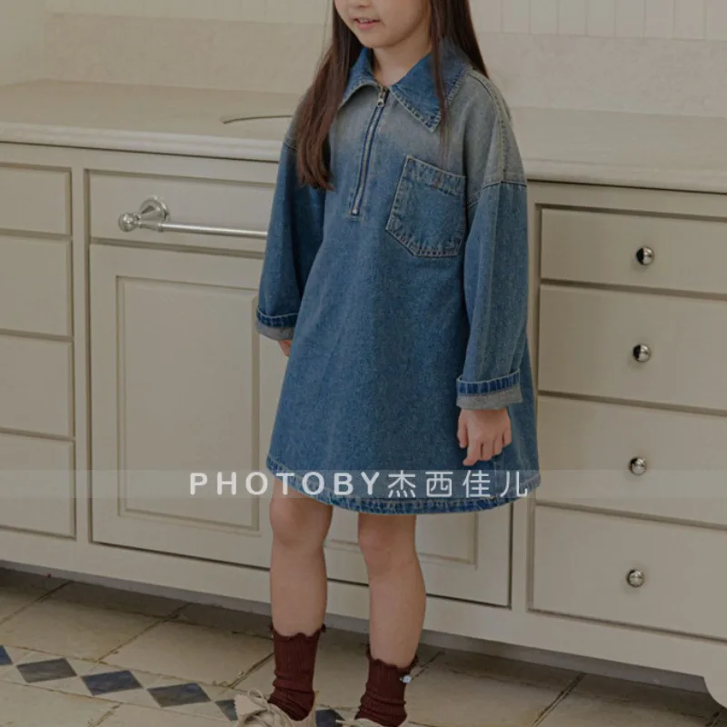 فستان بناتي من قماش الدنيم ملابس أطفال كورية لخريف وشتاء 2025 معطف طويل عصري وبسيط #6