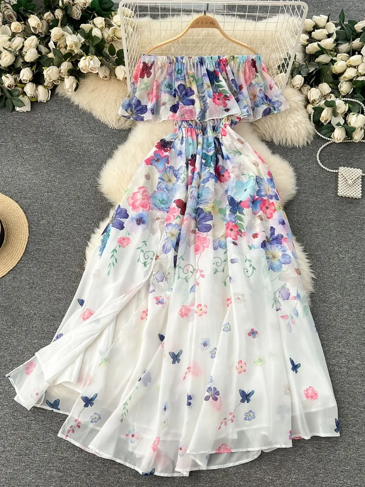 

Lusumily Off Shoulder Chiffon Long Dress Women Sexy Printed Flowers Dresses Ladies Maxi Beach Dress Female Casual Sundress