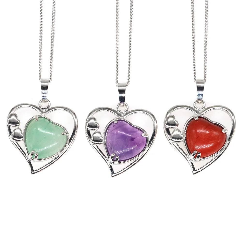 

Heart Shape Stone Pendant Natural Crystal Amethyst Agate Quarzt Healing Gemstones Necklace for Men Women Charm Jewelry Accessory