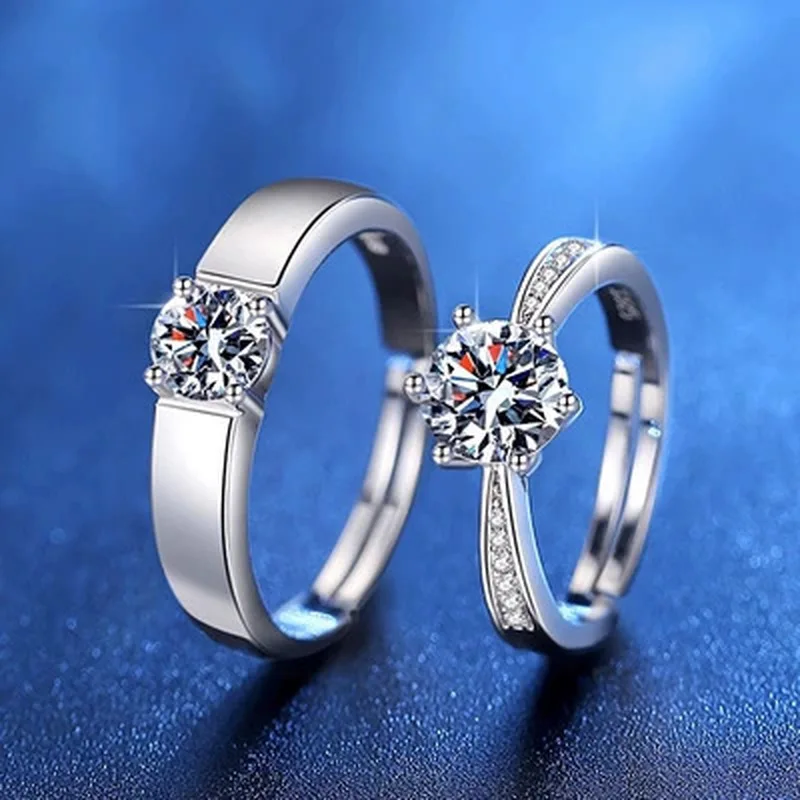 Classic six-claw single-row couple ring, men's and women's engagement ring, simulated diamond ring, adjustable.