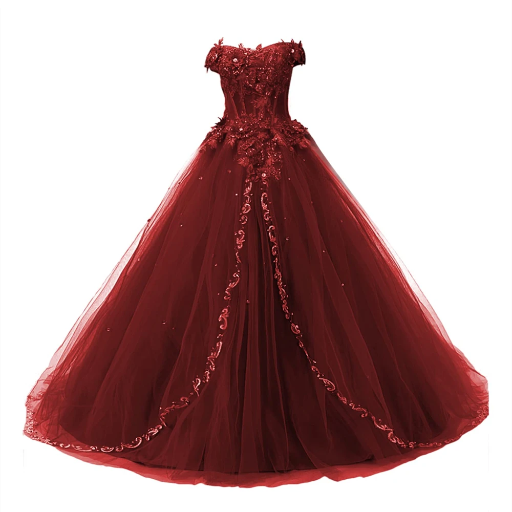 

BM Long Ball Gown Quinceanera Dress Lace Formal Evening Gowns Tulle Sweet 16 Prom Party Vestido De 15 Anos